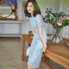 秋冬高端蕾丝蓝色连衣裙474短袖气质法式高腰透气小个子洋气a字裙