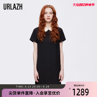 URLAZH有兰夏季复古气质珍珠边娃娃领小黑裙短袖连衣裙女