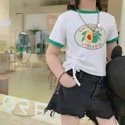 韩版抽绳童装 女童夏装短袖T恤 圆领撞色短款 90-130