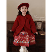 女童斜门襟红色呢子圆领外套冬季甜美可爱包边保暖上衣新年战袍