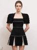 高级感小香风方领连衣裙越南设计师黑白撞色赫本风气质显瘦短裙女