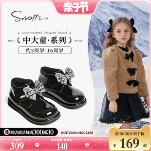 snoffy斯纳菲女童靴子儿童，棉鞋2024秋冬公主，鞋黑色加绒短皮靴