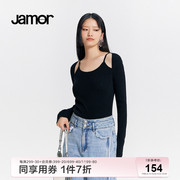 Jamor黑色简约针织衫女春季假两件肩膀镂空设计针织上衣加末