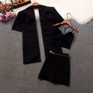 西装领背镂空中长款外套+包臀短裙潮时尚高级感黑色三件套装