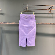 紫色半身裙2024春季韩版中长款高腰包(高腰包)臀裙开叉一步裙牛仔长裙