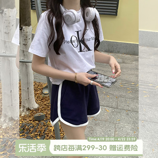 宋正恩休闲运动裤短裤女夏季薄款高腰显瘦a字宽松阔腿藏蓝色裤子