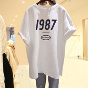 纯棉白色短袖t恤女2024春夏数字1987欧货中长款宽松体恤上衣