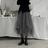 黑灰色不规则网纱半身裙女秋季2023高腰重工多层蓬蓬裙仙女裙