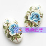 DIY 进口日本彩绘手绘珠 椭圆 31mm 白底蓝牡丹 18元/个