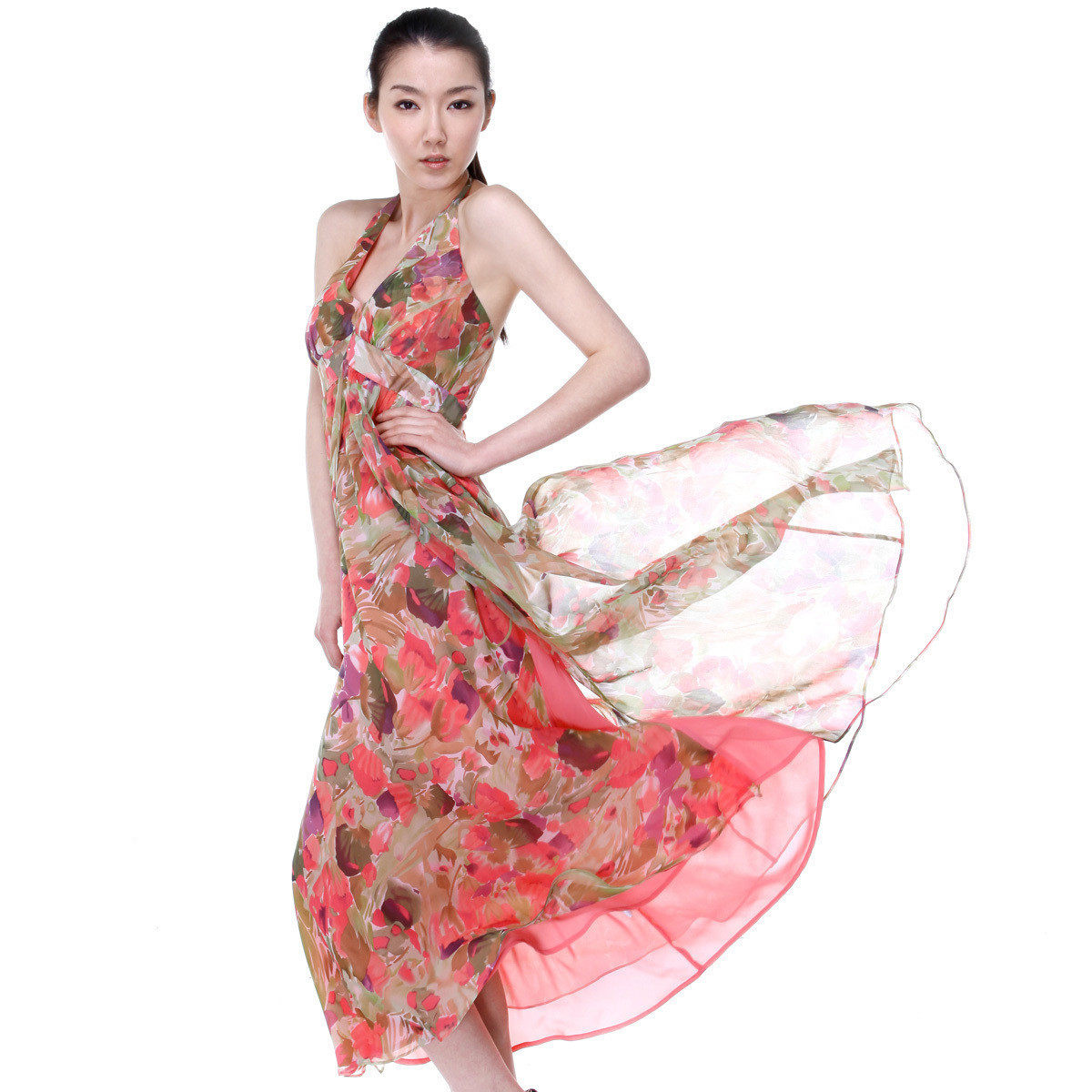 原创2012新品春夏装欧美大牌波西米亚印花挂脖连衣裙真丝长裙女