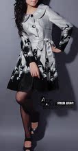 2010新春&双皇冠正品&杭派女装银底黑花大荷叶边领长款风衣&特价
