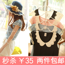 : 2012夏季新款 甜美双层波浪娃娃领拼色小飞袖蕾丝花边短袖T恤女