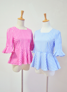夏季韩版甜美娃娃衫小裙摆收腰修身格子衬衫女喇叭泡泡袖上衣