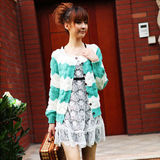 9312#2011新款气质淑女波浪条纹拼色菠萝纹短款开衫毛衣外套