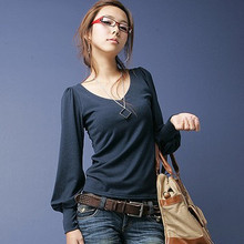<span class=H>2010</span><span class=H>秋装</span>新品瑞丽女装纯色潮牌柔软V领灯笼袖长袖#T恤t ~兰色