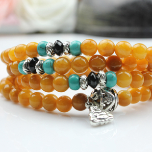  开运堂 开光原色老黄玉108颗佛珠手链 绿松石藏银隔珠 原创新款