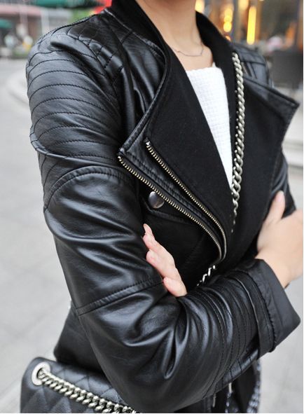 欧美风大牌修身大翻领机车皮衣短款外套