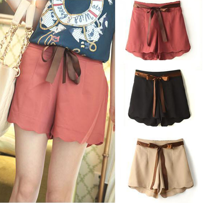 波浪下摆高腰热裤裙裤...