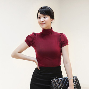2024夏季韩版女士装莫代尔高领泡泡短袖上衣打底T恤衫加大码