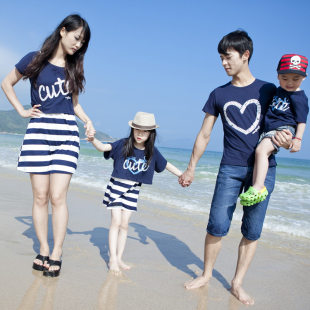  Onlykiss新款韩版亲子装夏装父子T恤母女背心两件套连衣裙OK1X786