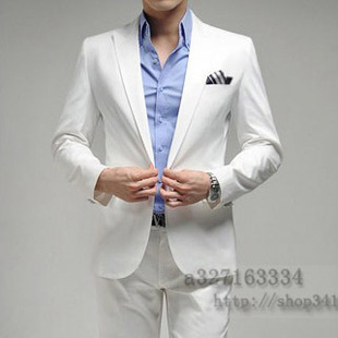 男式修身西服韩版小西装 一粒扣领收腰休闲西装套装 纯白色A02