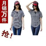 6024#2012韩版春夏装大码女装蝙蝠袖带帽条纹T恤