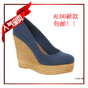  外贸品牌ALDO新款，帆布坡跟防水台包麻绳编织高跟女鞋，单鞋
