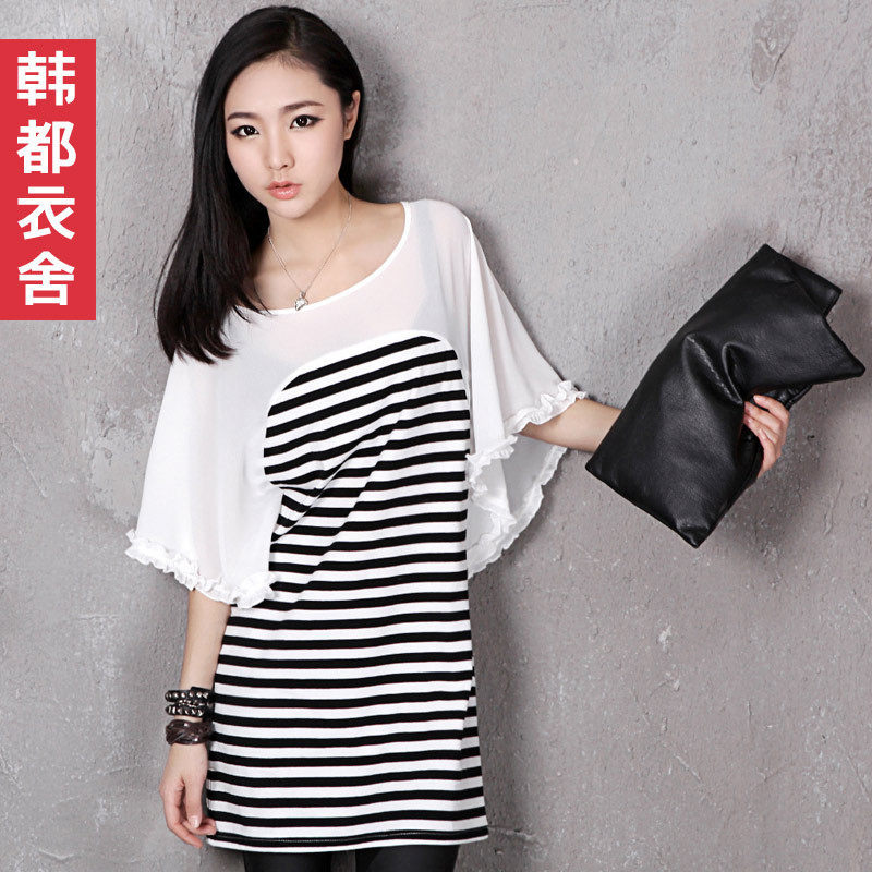 韩都衣舍<span class=H>季候</span><span class=H>风</span>2012夏正品 女装清新木耳袖横条纹短袖T恤GJ1455