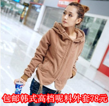 包邮2011秋冬新款韩版开衫外套加厚修身长袖连帽毛呢短外套 女
