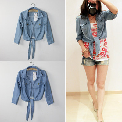 Washed blue denim shirt shirt 2012 new spring Han long sleeve short paragraph lapel women tie knot 903