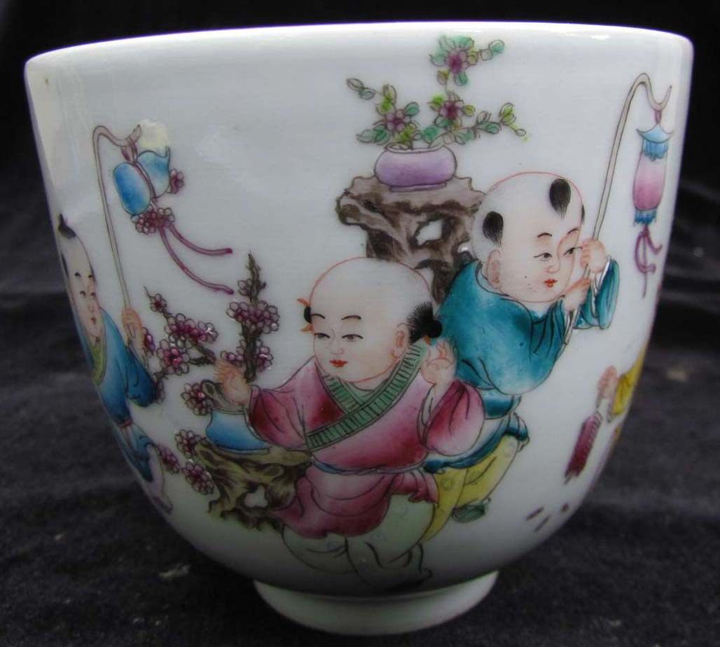 古董 古玩收藏 古<span class=H>瓷器</span> 大清雍正年制粉彩<span class=H>瓷器</span>童子闹春碗 送礼佳品
