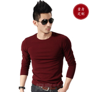 定制春季男士修身小圆领红色长袖T恤纯棉弹性打底衫紧身内衣