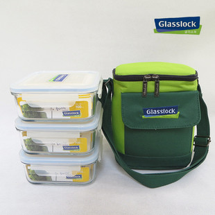 韩国进口GLASSLOCK玻璃乐扣保鲜盒便当盒微波炉碗便携包三件套装