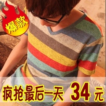 夏装弯弯男T恤情侣装衣服男生男士短袖V领条纹潮t恤韩版修身体恤