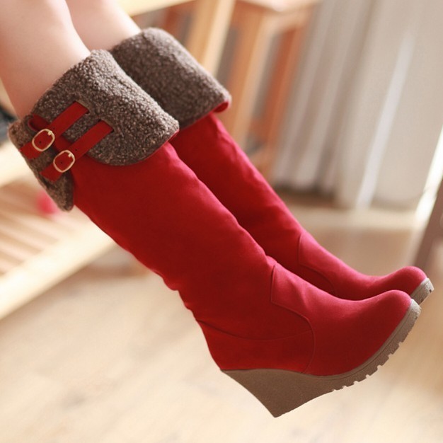 女靴子圆头坡跟高跟...