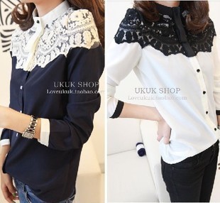  衣服女装韩版潮秋冬新款新品 斗篷式蕾丝拼接雪纺衬衫 蘑菇街
