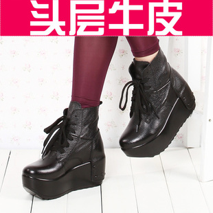  新款真皮松糕鞋厚底单鞋高跟女鞋加绒韩版女潮头层牛皮高帮鞋
