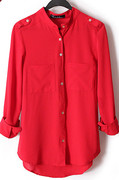 2019春夏宽松大码韩版立领雪纺，衫长袖红色，女衬衫上衣可