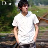 Dior迪奥 10款纯棉加莱卡 韩版短袖修身休闲男装 白色连帽T恤 803