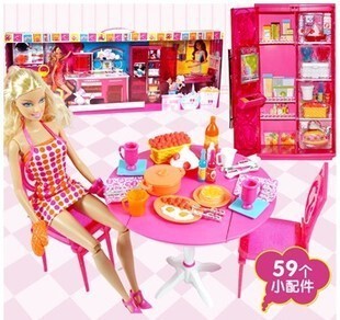  专柜正版 Barbie/芭比娃娃套装礼盒 全套厨房组合套装W2821