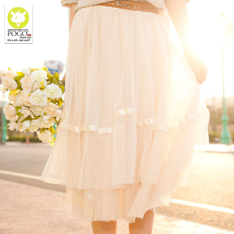 甜美宽松百褶网纱女...