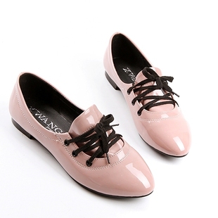 春新款欧美英伦复古漆皮韩版日系平底大码女鞋平跟系带单鞋子
