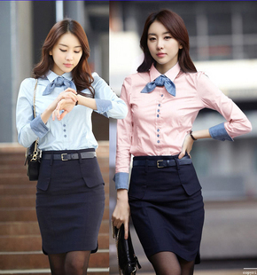  韩版夏装新款深蓝色西裙长袖撞色衬衫职业装套裙女裙两件黑裙套装