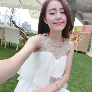 2014韩国小清新韩版女潮裙子，显瘦白色钉珠，蛋糕裙露肩雪纺连衣裙夏