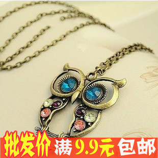  欧美饰品批发 复古三色嵌钻 镂空雕花 可爱 猫头鹰 项链 毛衣链
