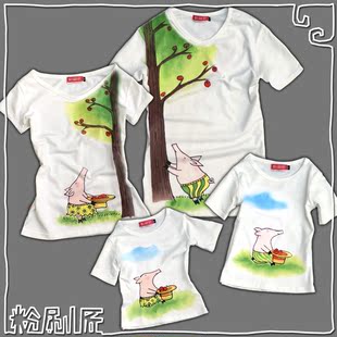  小猪摘苹果亲子装亲子T恤衫手绘父女装父子装母女装短袖夏装t恤