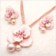 韩国直送粉嫩甜美三瓣小花珍珠坠项链+耳环