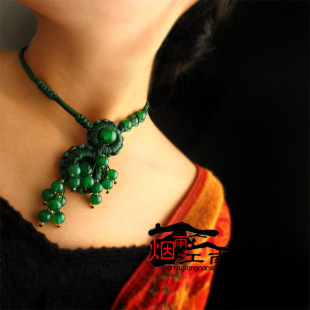  水晶流苏短款项链女复古民族中国风绿色玛瑙正品飾品女士原创饰品