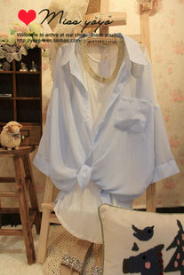 韩国 撞色 宽松 雪纺蝙蝠袖 防晒衣 复古衬衫 两色入 独家