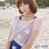 秋之惑CICI-SHOP 2010秋装VIVI日系镂空蕾丝蝴蝶结短款T恤8A003